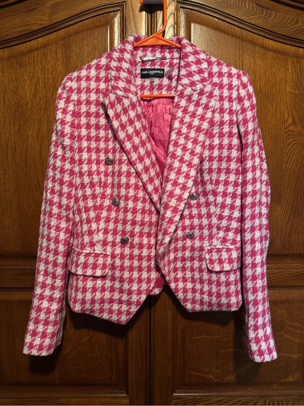 Karl Lagerfeld Paris Pink White Houndstooth Tweed Double Breasted Blazer Size 6 - Picture 2 of 9